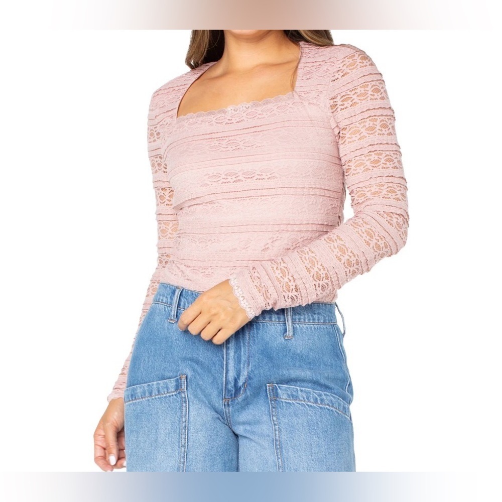 NWT! Pink Lace Bodysuit Top Coquette Square Neck Long Sleeve Celebrity Pink SZ L